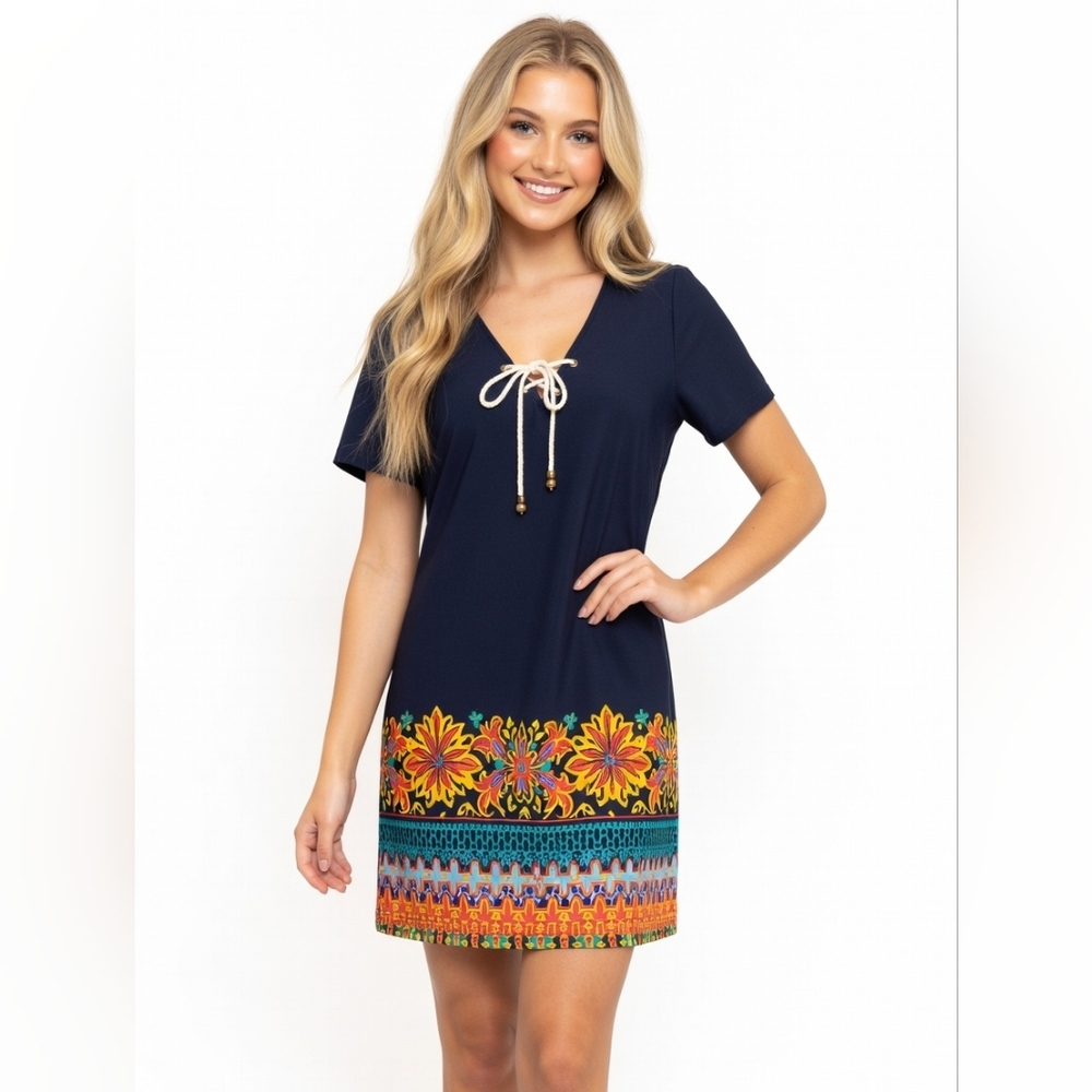 Navy Blue Tribal Geometric Border Print Lace Up Short Sleeve Shift Dress Sz M